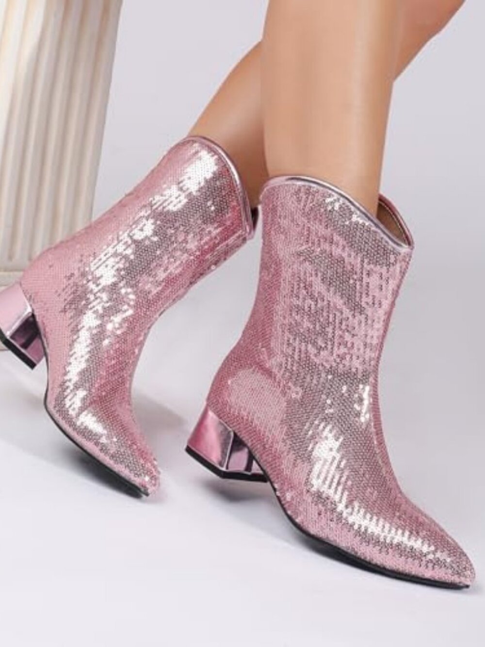 Women's Sequin Sparkly Ankle Boots Chunky Heels Zipper Sexy Pointed Toe Cowboy